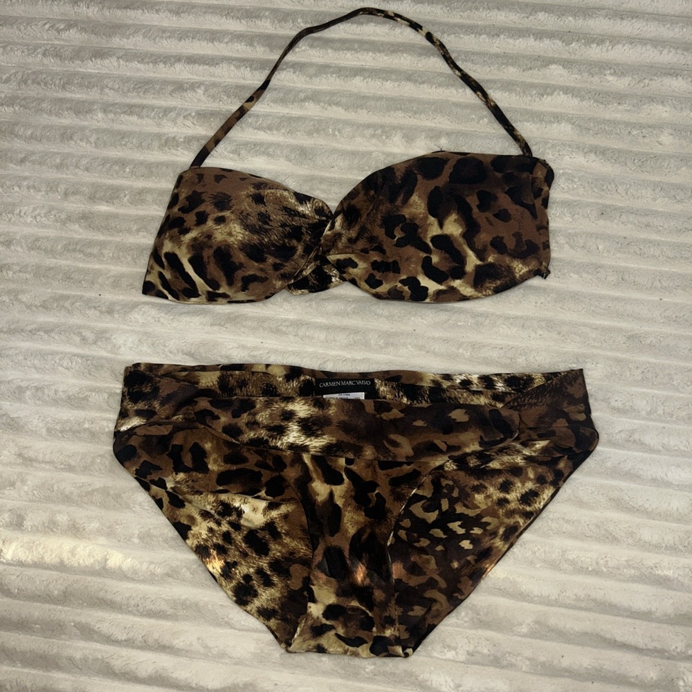 Carmen Marc Valvo Leopard Bandeau Bikini Set Large Top/Bottom Size 12 Halter